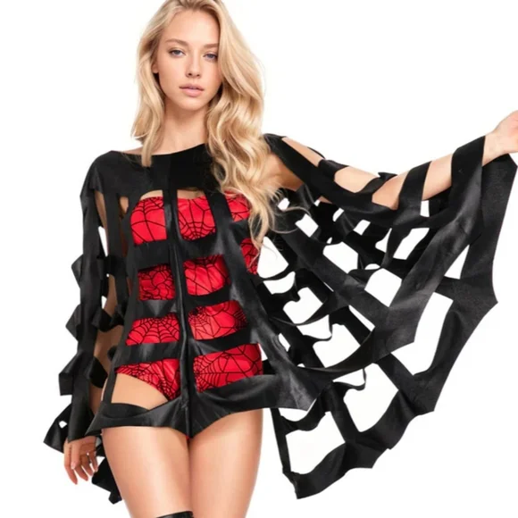 Black Wet Look Spider Web Cut Out Design Poncho (OS) (Costume Idea In Listings) - Picture 3 of 8